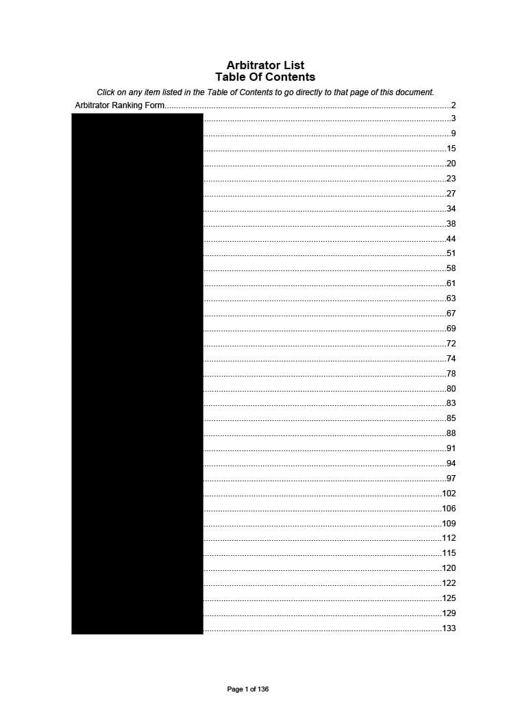 Page 1 of an example Arbitrator Ranking Form and Disclosure Report