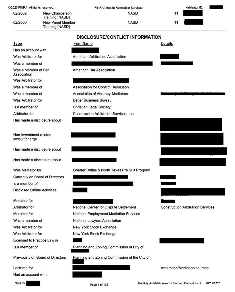 Page 4 of an example Arbitrator Ranking Form and Disclosure Report