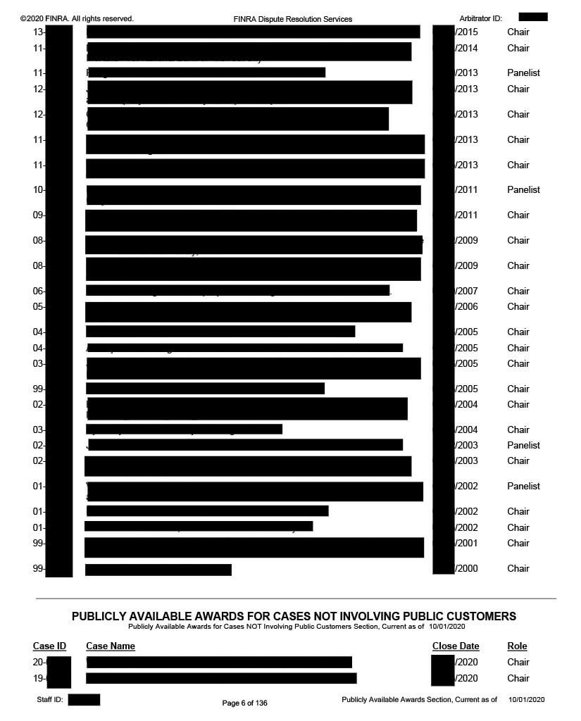 Page 6 of an example Arbitrator Ranking Form and Disclosure Report