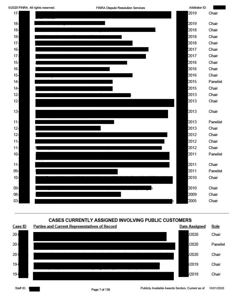 Page 7 of an example Arbitrator Ranking Form and Disclosure Report