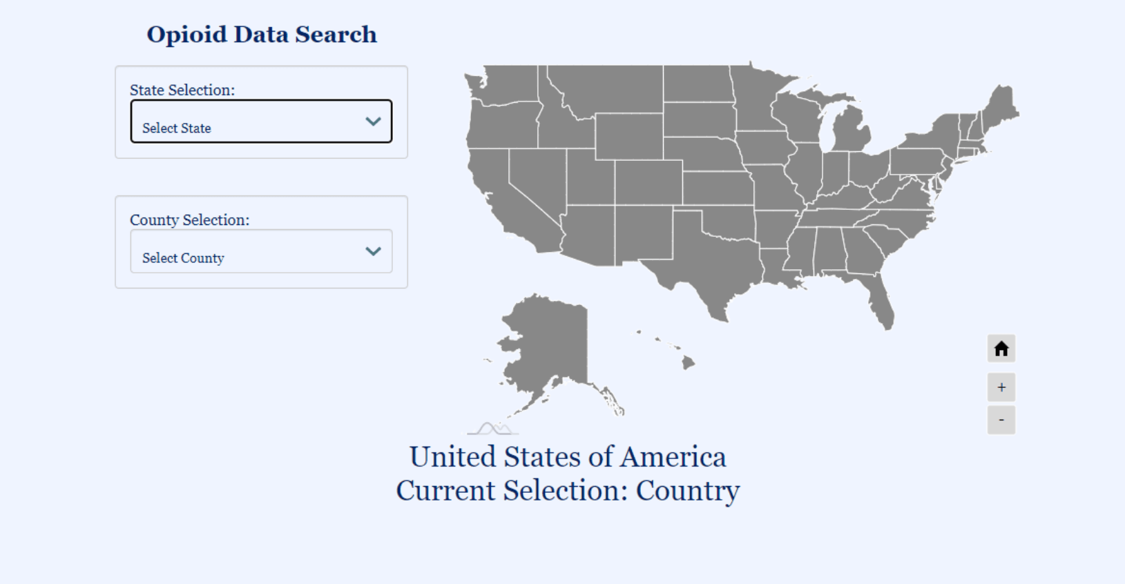 A screenshot showing the initial page layout of our interactive opioid data visualization. It shows a map of the United States, and some dropdown menus.
