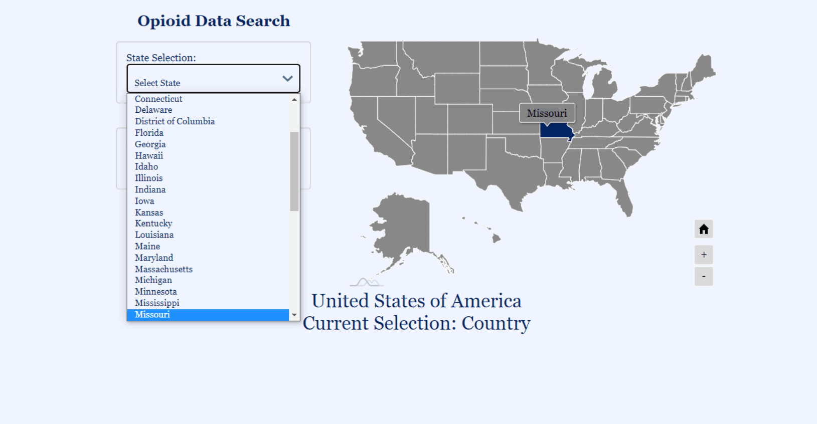 A screenshot shows the selection of a state on our interactive opioid data visualization. It shows a map of the United States with a state highlighted, and a dropdown menu to match.