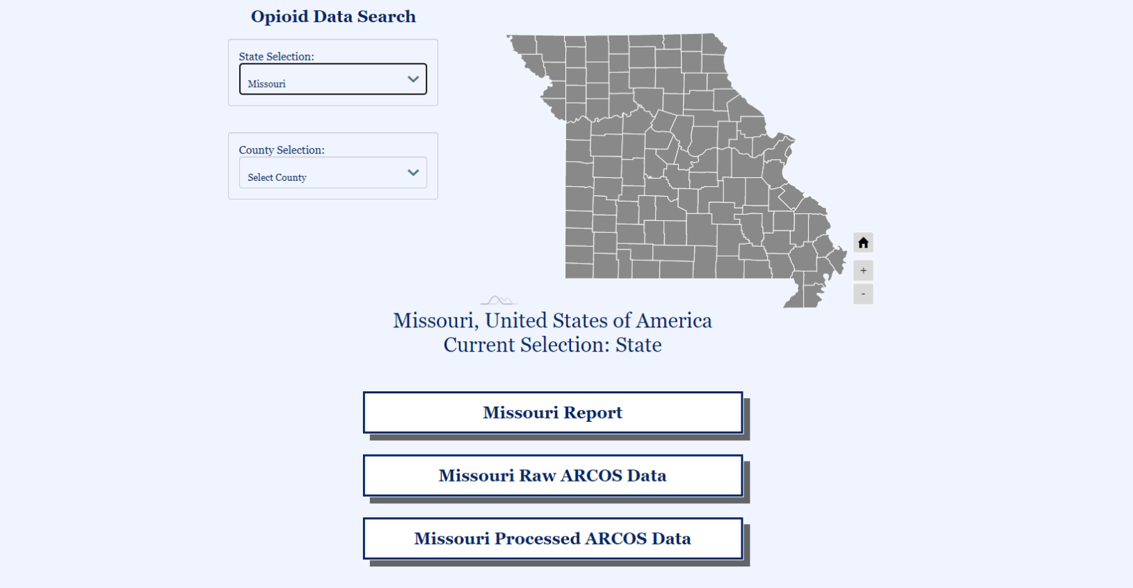 A screenshot shows the layout of our interactive opioid data visualization after selecting a state. It shows a map of the state, dropdown menus, and data/report download links.