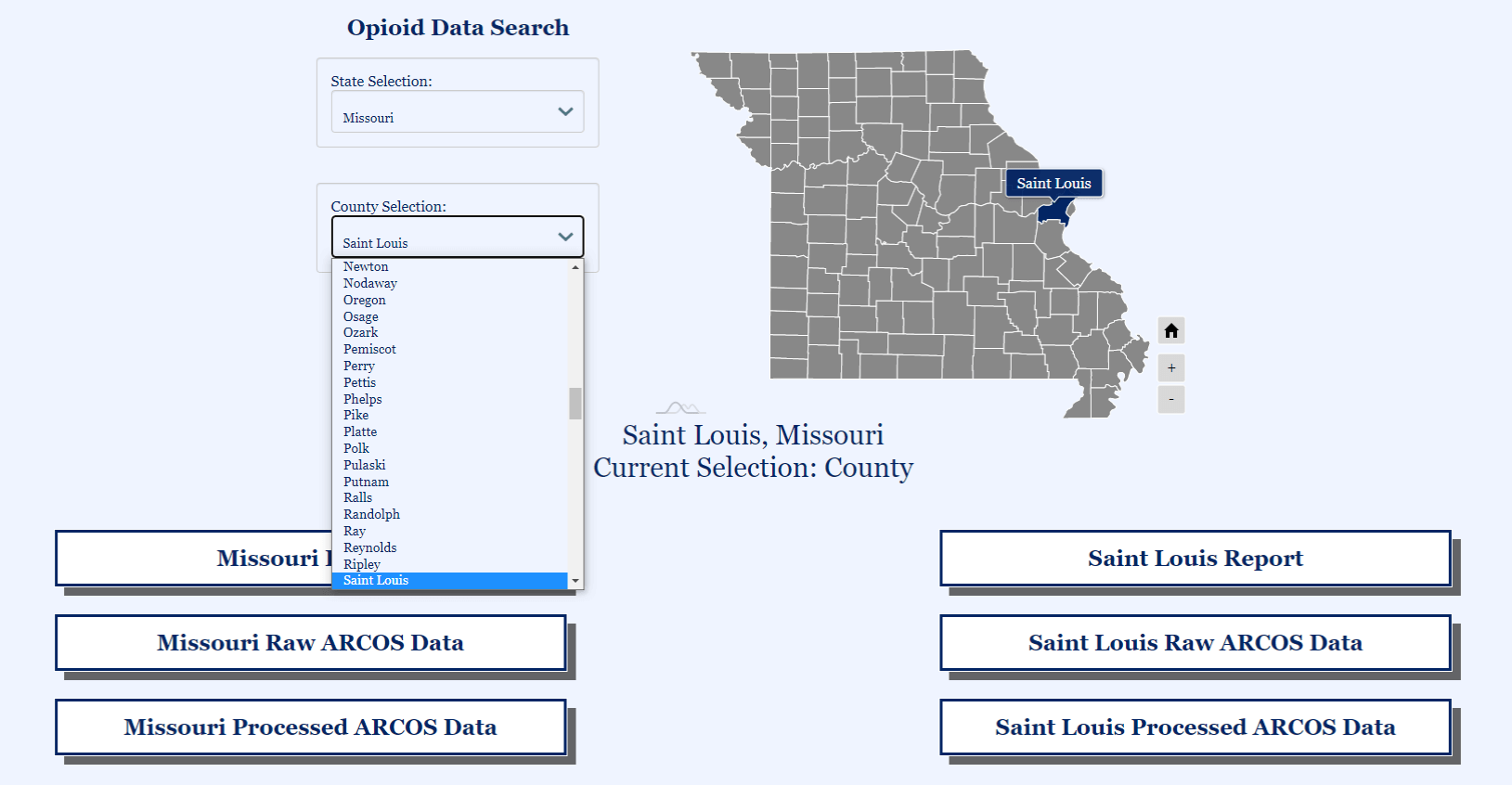 A screenshot shows the layout of our interactive opioid data visualization after selecting a county. It shows a map of the state with the county highlighted, dropdown menus to match, and data/report download links.